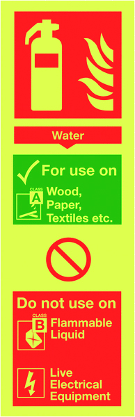 300x100mm Water Extinguisher For Use On - Nite glo Self Adhesive
